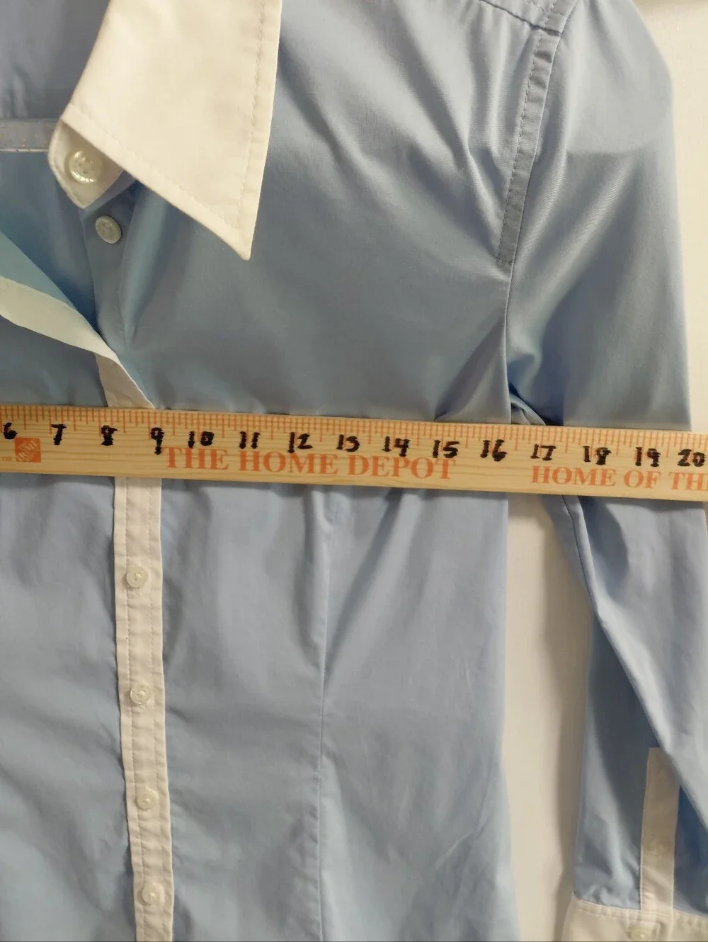Women's Express Design Studio White Blue Button Down Fitted Dress Shirt - Picture 5 of 9
